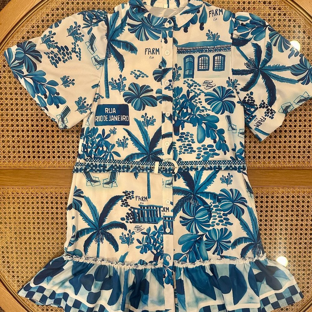 LIKE NEW Puff Sleeve, Belted Blue and White Tropical FARM Dress, Sz M